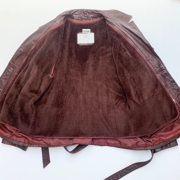 Vintage 90s Red Brown Leather Button Jacket Blazer Tie Waist Removable Lining L - Picture 4 of 16